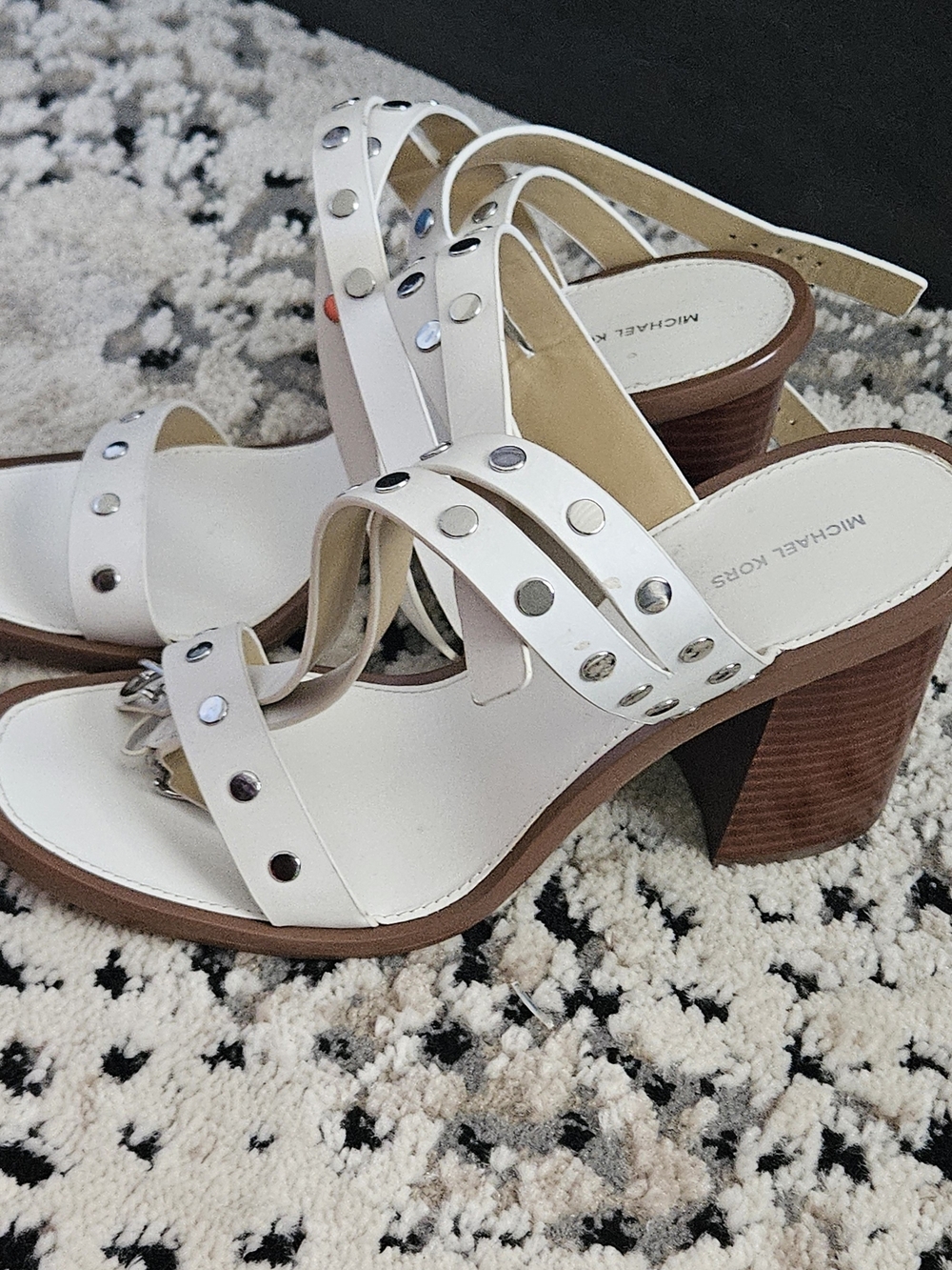 Michael Kors White Studded Leather Block Heel Sandals with Brown Wood Heel